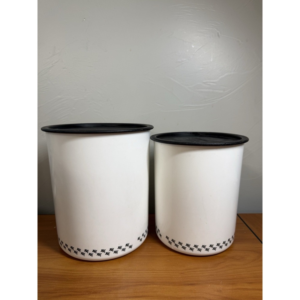 2 Tupperware One Touch Canisters M&L White Black Checker Print Design Black Lids